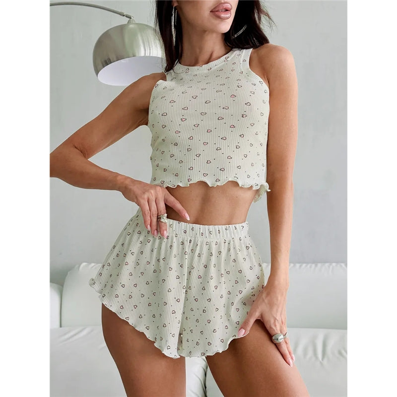 Women Fashion Sexy Printed Edge Curl Tank Top Loose Shorts Pajamas Two-Piece Set