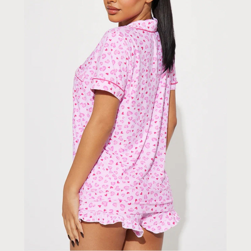 Women Fashion Casual Printed Lapel Short Sleeve Top Loose Shorts Pajamas Set