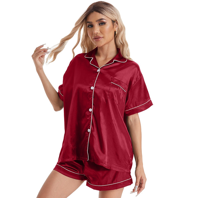 Women Home Simple Silk Imitation Casual Lapel Short Sleeve Pajamas Set