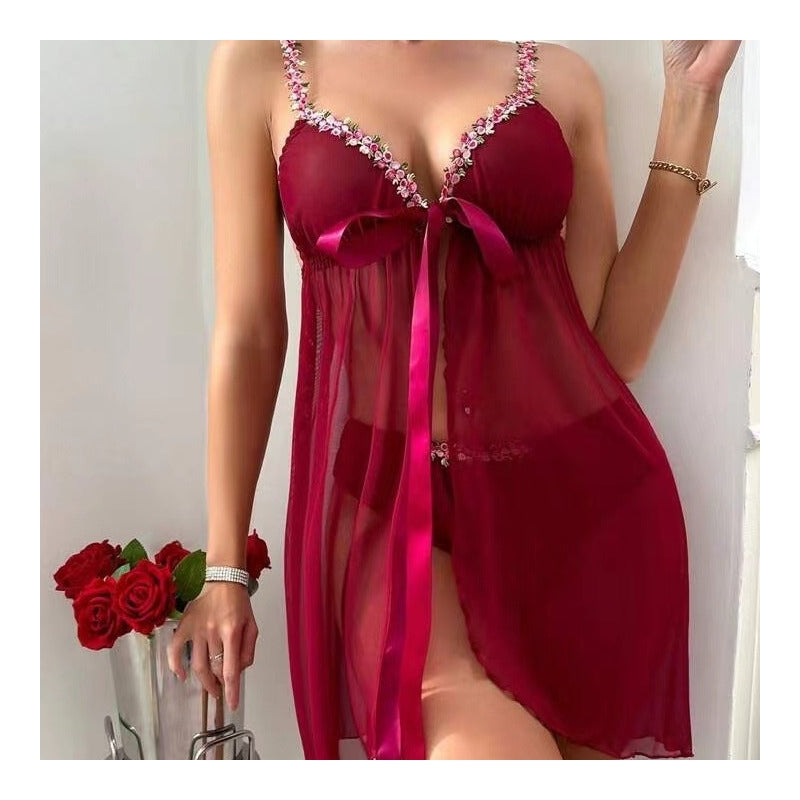 Women Fashion Sexy Perspective Mesh Flower Strap Lace-Up Pajamas Two-Piece Set