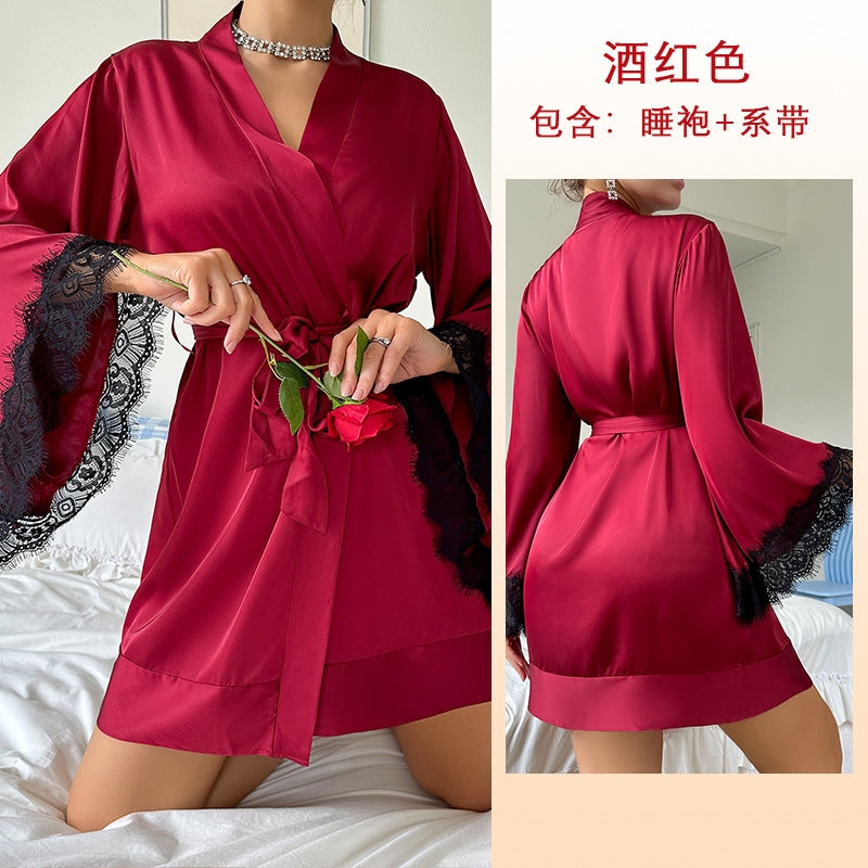 Women Fashion Sexy V-Neck Lace Long Sleeve Satin Home Pajamas