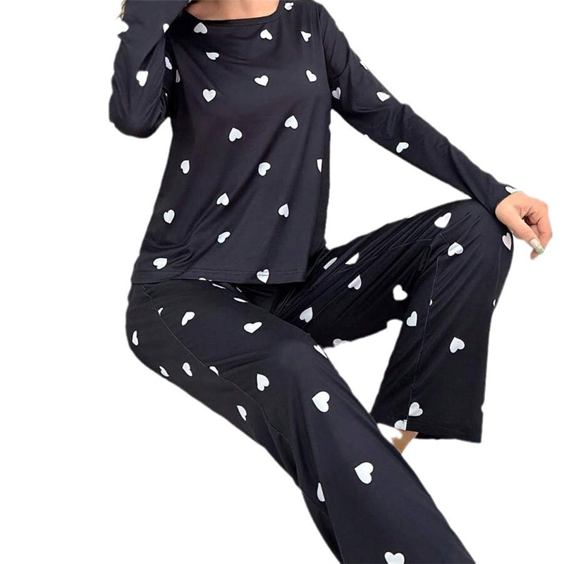Women Casual Heart Print Pajamas Longewear Two-Piece Set