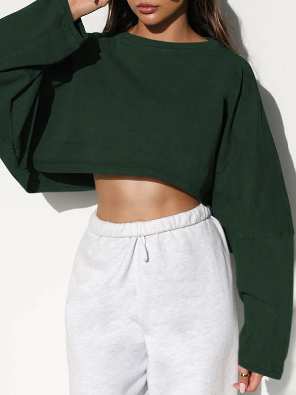 Long Sleeves Loose Solid Color Split-Joint Round-Neck Sweatshirt Tops