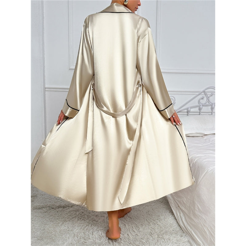 Women Fashion Solid Color Imitation Silk Spaghetti Strap Dress Long-Sleeve Lace-Up Coat Pajamas Two-Piece Set