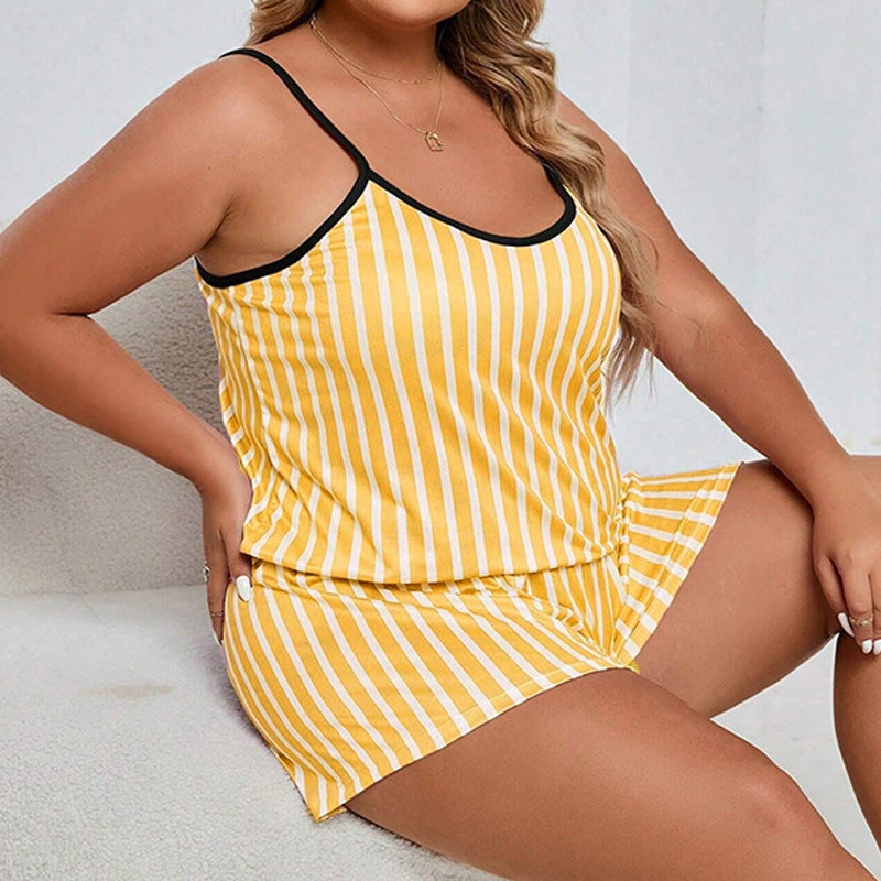 Women Fashion Casual Stripe Camisole Loose Shorts Pajamas Two-Piece Set