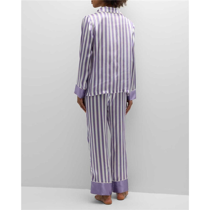 Women Fashion Casual Stripe Lapel Long Sleeve Top Loose Pants Pajamas Two-Piece Set