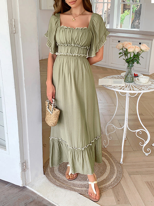 A-Line High Waisted Pleated Ruffle Trim Split-Joint Zipper Square-Neck Midi Dresses