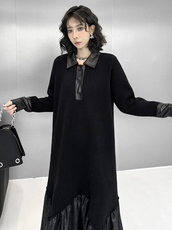A-Line Long Sleeves Buttoned Split-Joint Polo Midi Dresses Sweater Dresses