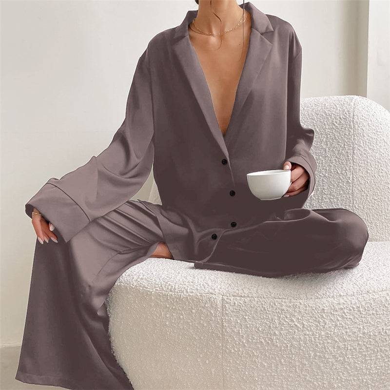 Women Fashion Casual Solid Color Ice Silk Lapel Long-Sleeve Loose Pants Pajamas Two-Piece Set