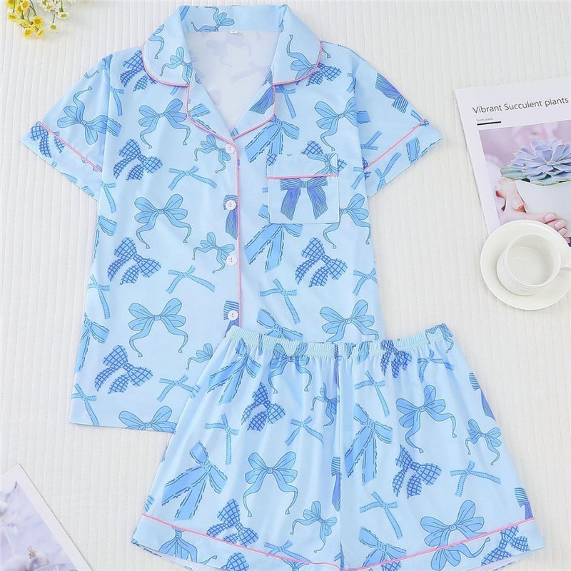 Women Pink Bow Print Lapel Short Sleeve Shorts Pajamas