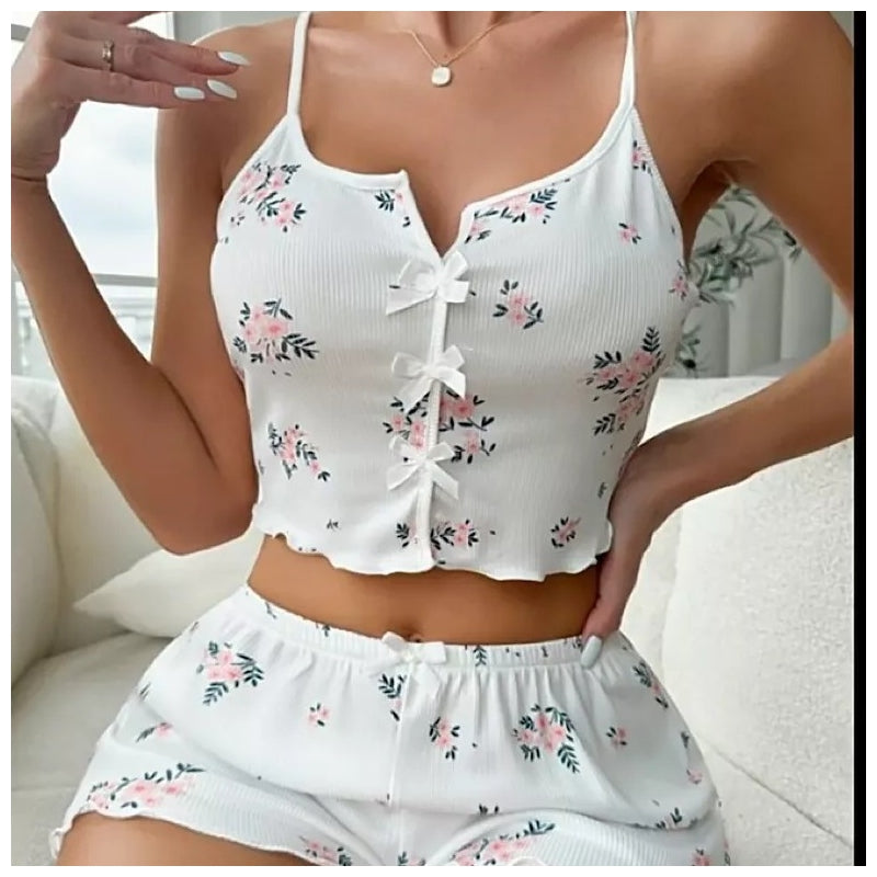 Women Casual Heart Print Sling Top Shorts Pajamas Set
