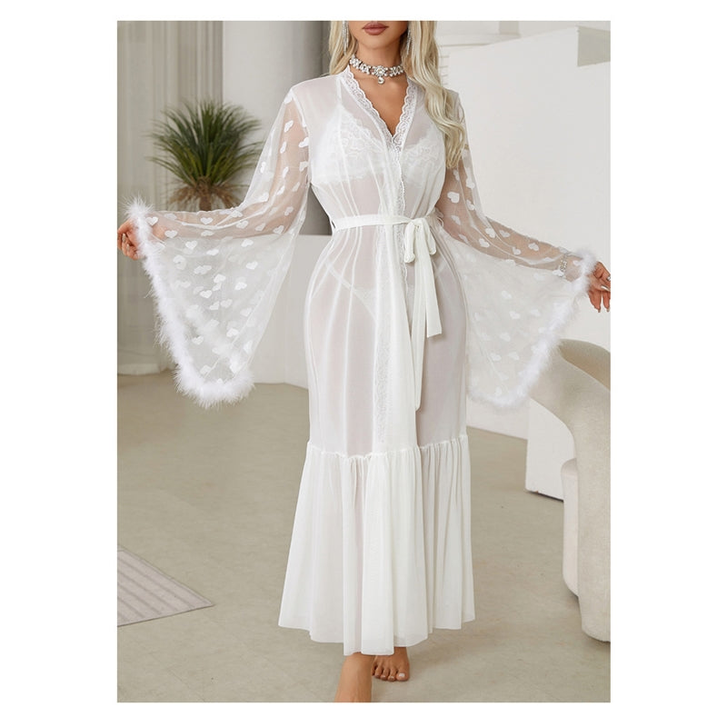 Women Fashion Sexy Heart Shaped Mesh Feather Long Sleeve Home Pajamas