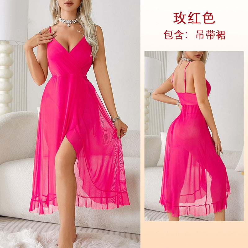 Women Fashion Sexy Solid Color Deep V Mesh Perspective Sling Sexy Pajamas