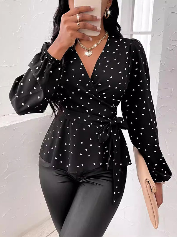 Long Sleeves Puff Sleeves Heart Print Tied Waist Deep V-Neck Blouses&Shirts Tops