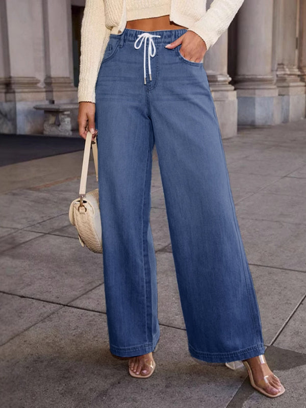 High Waisted Loose Drawstring Elasticity Split-Joint Jean Pants Bottoms