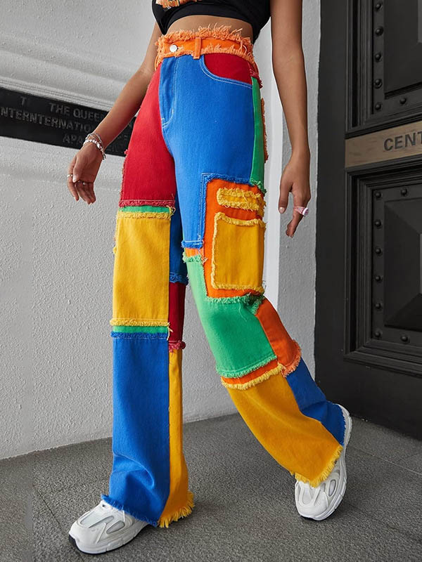 High Waisted Loose Buttoned Contrast Color Fringed Split-Joint Jean Pants Bottoms Trousers