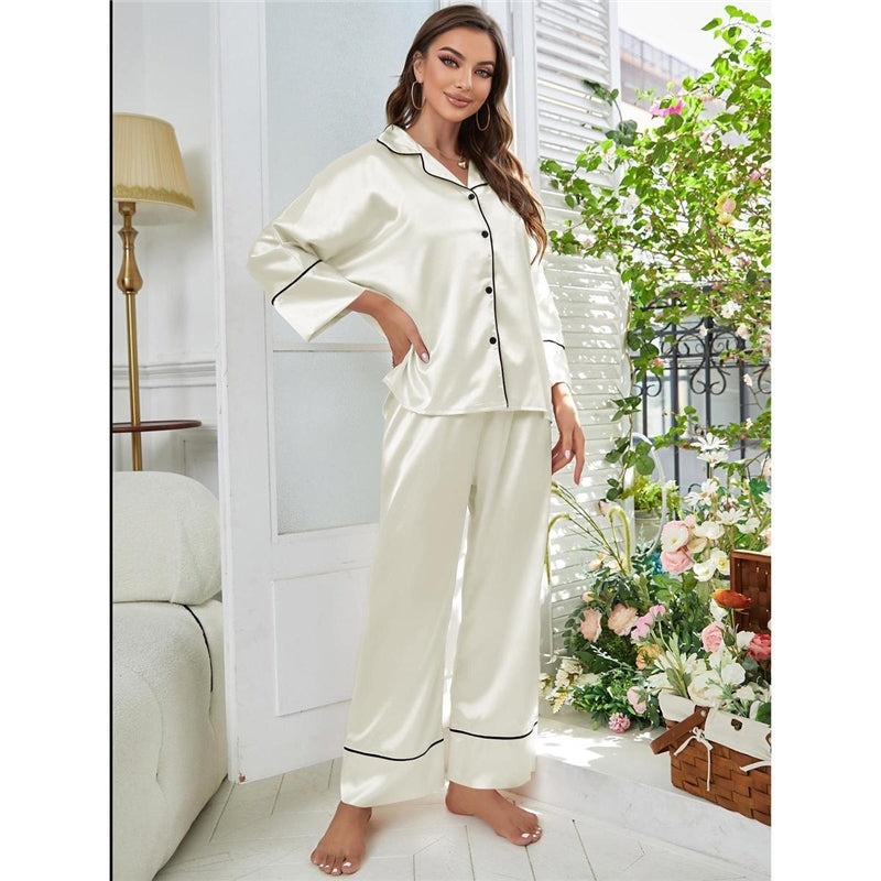 Women Fashion Casual Lapel Long-Sleeved Top Loose Pants Pajamas Two-Piece Set