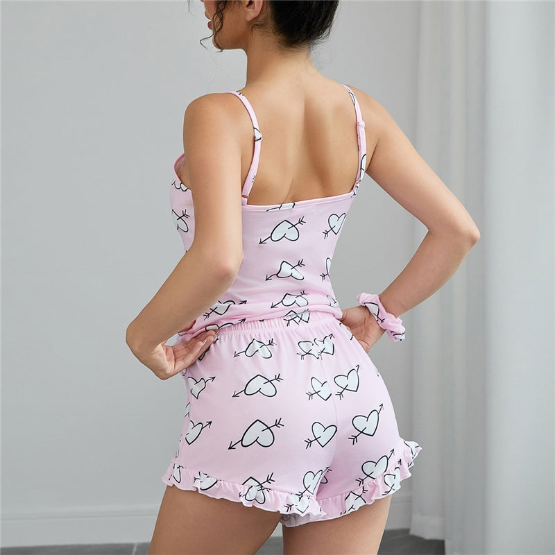 Women Fashion Sexy Love Printed Camisole Loose Shorts Pajamas Two-Piece Set