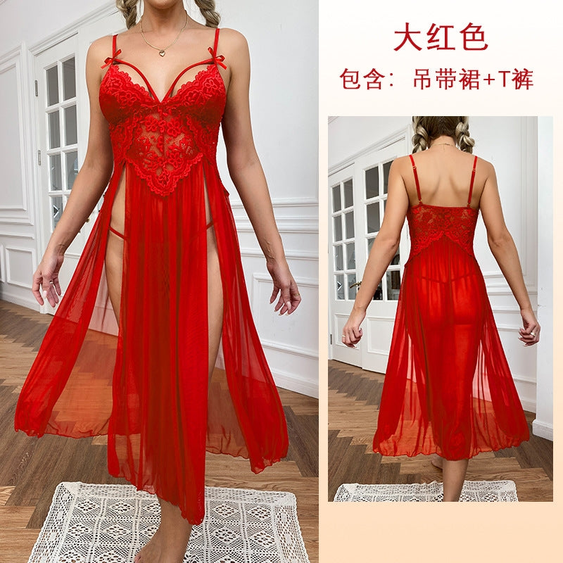 Women Fashion Sexy Deep V Lace Mesh Split Home Pajamas Set