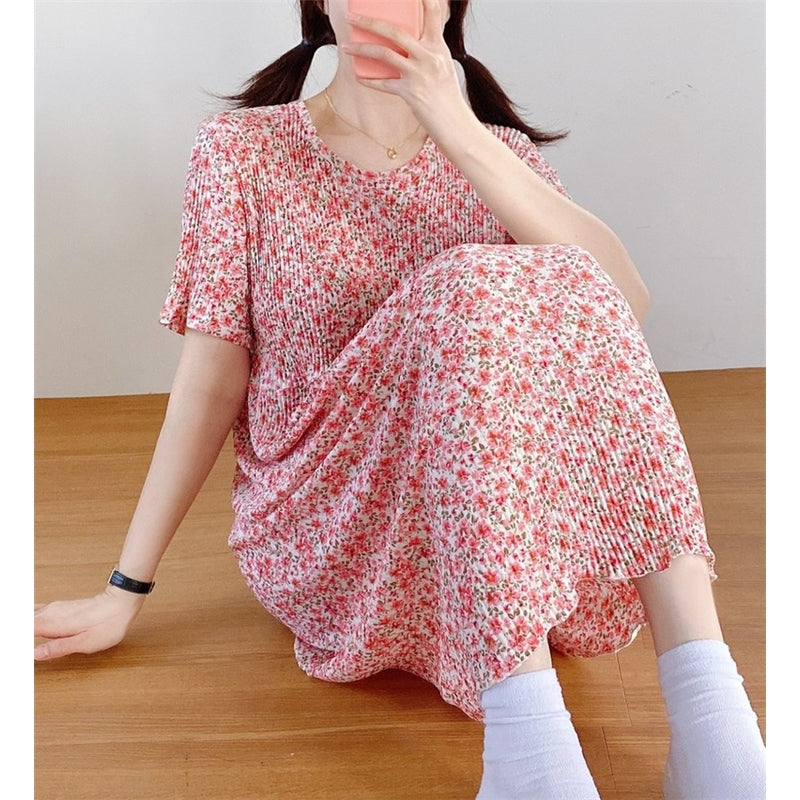 Women Fashion Casual Floral Printed Short Sleeve Loose Dress Pajamas