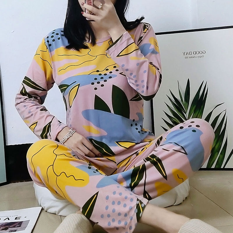 Women Fashion Casual Spring And Autumn Printed Round Neck Long Sleeve T-Shirt Loose Pants Pajamas Set