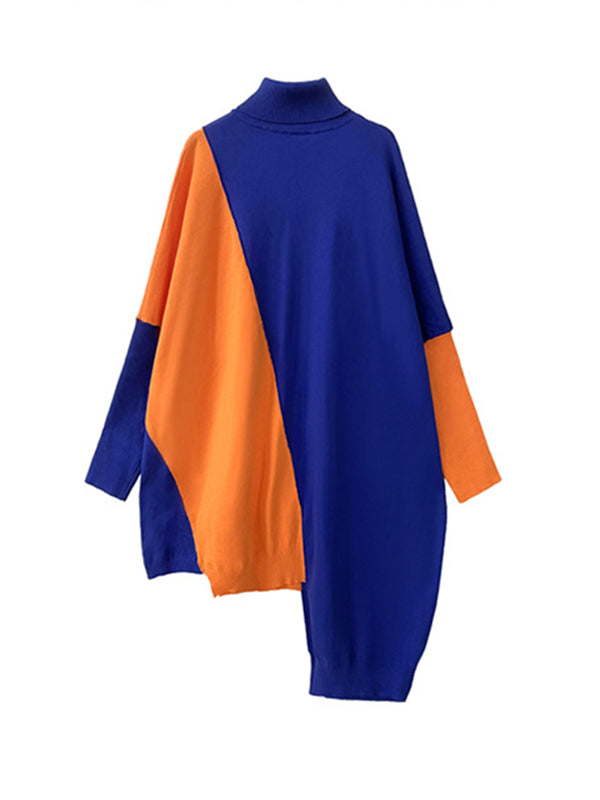 Batwing Sleeves Hipster Asymmetric Contrast Color Split-Joint High-Neck Midi Dresses Sweater Dresses