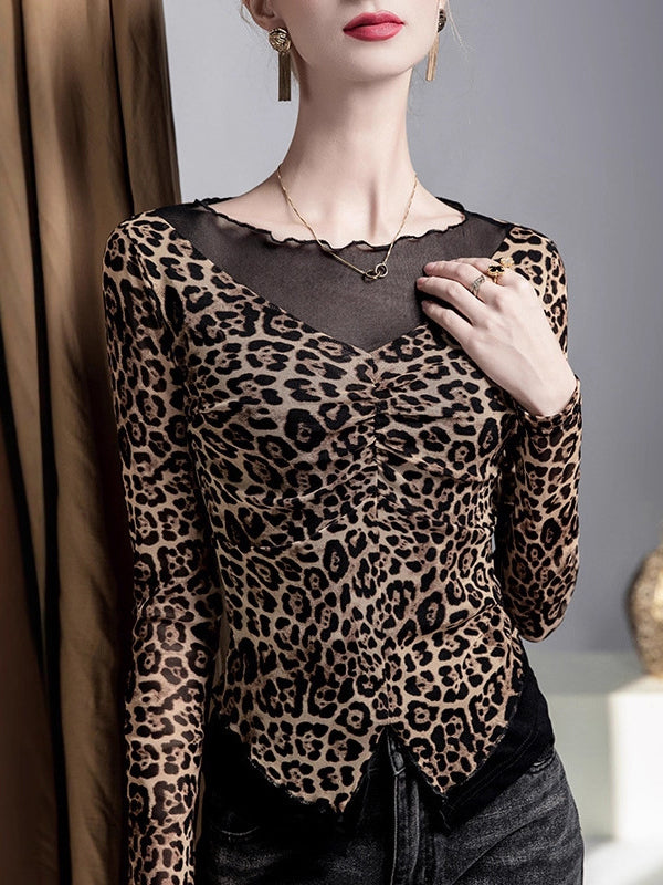 False Two Long Sleeves Leopard Pleated Split-Joint Boat Neck T-Shirts Tops