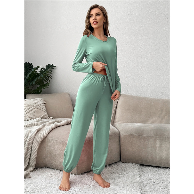 Women Casual Solid Color Long Sleeve Top And Pants Pajamas Two-Piece Set