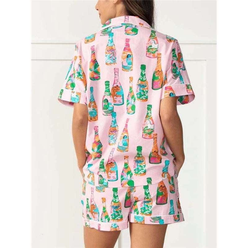 Women Fashion Casual Print Short-Sleeve Top Loose Shorts Pajamas Two-Piece Set
