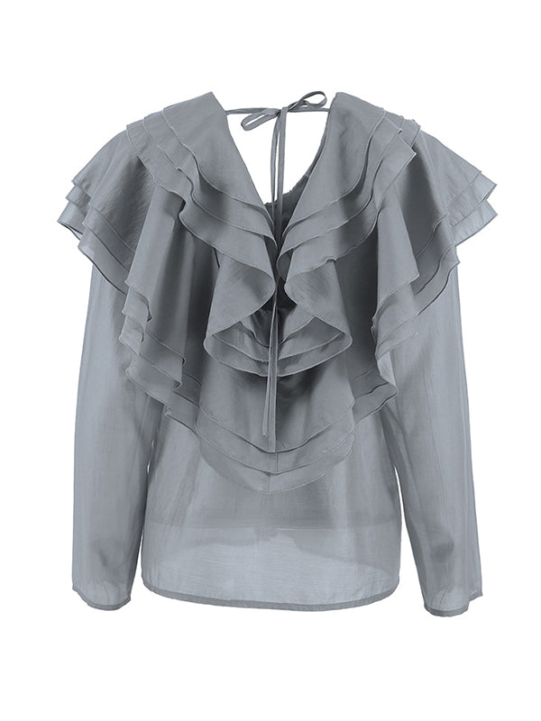 Long Sleeves Backless Ruffled Solid Color V-Neck Blouses&Shirts Tops