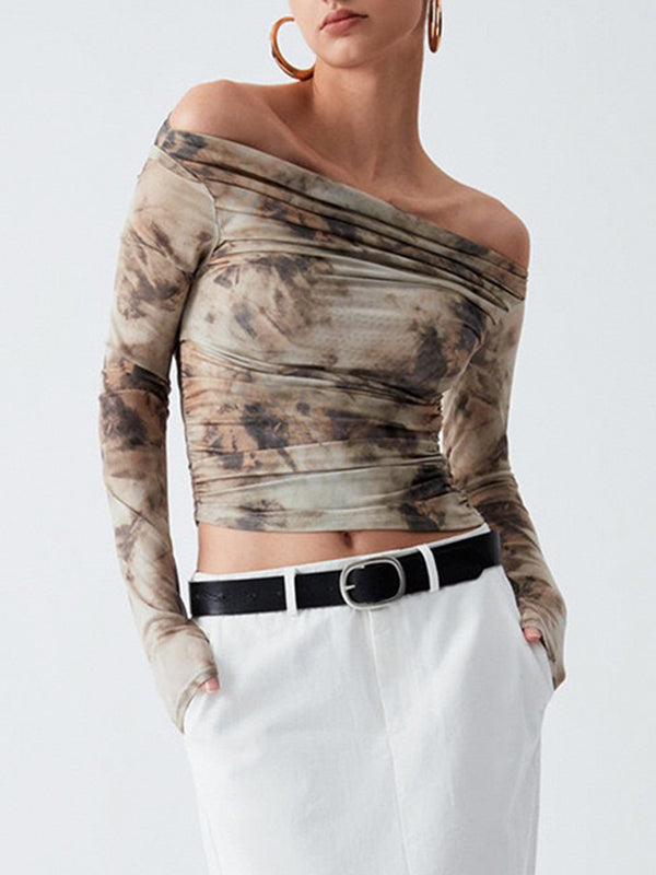 Long Sleeves Skinny Pleated Split-Joint Tie Dye Off-The-Shoulder T-Shirts Tops