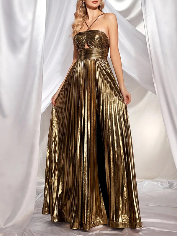High Waisted Sleeveless Backless Hollow Pleated Shiny Solid Color Halter-Neck Maxi Dresses