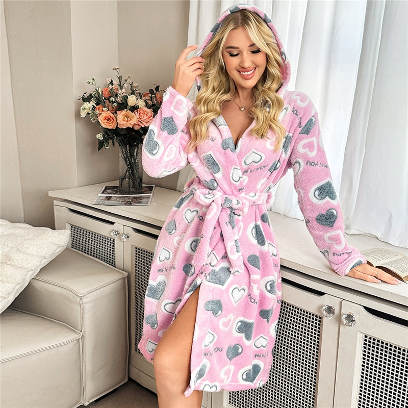 Women Fashion Casual Autumn And Winter Printed Plush Loose Long-Sleeve Lace-Up Hoodies Pajamas