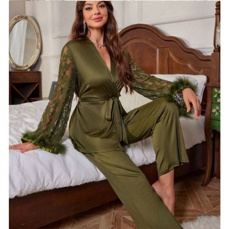 Women Fashion Elegant Stitching Lace V-Neck Long-Sleeve Lace-Up Top Loose Pants Pajamas Set