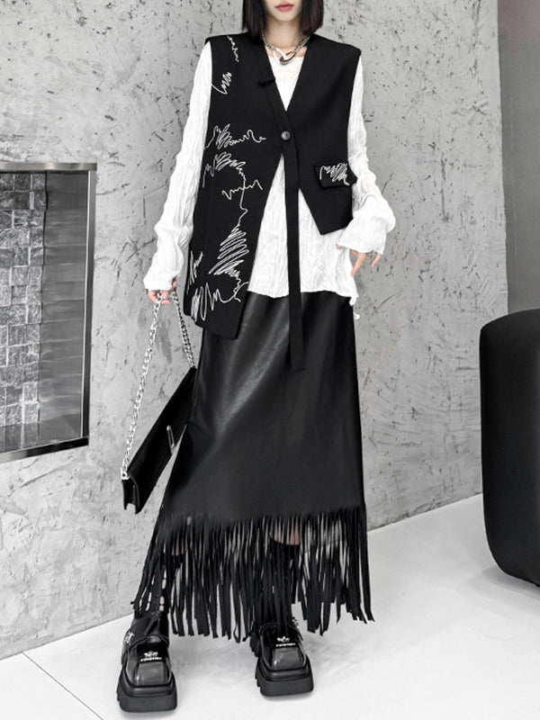 Sleeveless Asymmetric Buttoned Embroidered V-Neck Vest Top