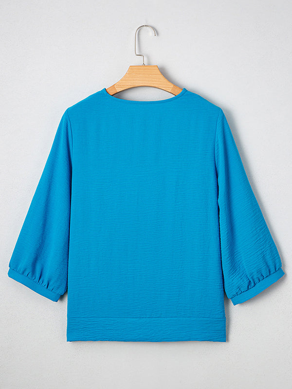 Long Sleeves Loose Pleated Solid Color V-Neck Blouses&Shirts Tops