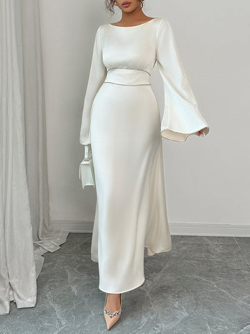 A-Line Flared Sleeves Solid Color Tied Zipper Round-Neck Maxi Dresses