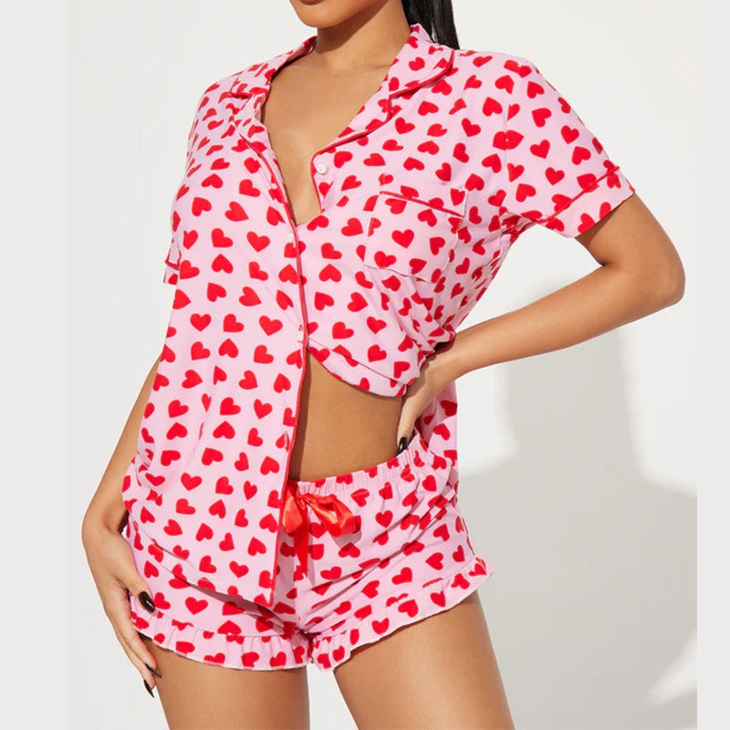 Women Fashion Casual Love Printed Laple Short-Sleeve Top Loose Short Pajamas Two-Piece Set