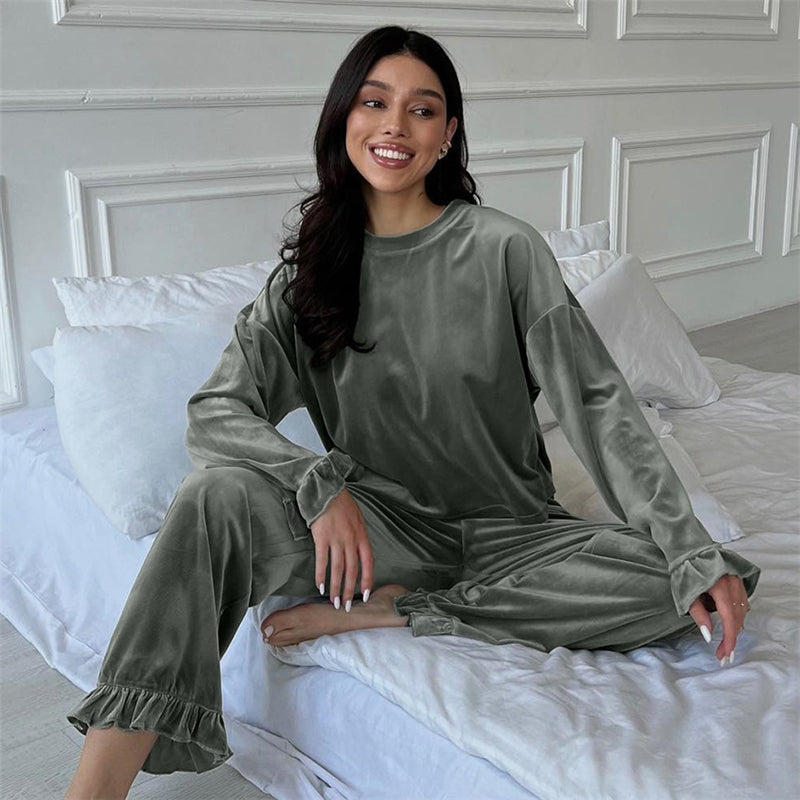 Autumn Winter Women Fashion Solid Color Round Neck Long Sleeve Top Pants Home Pajamas Set