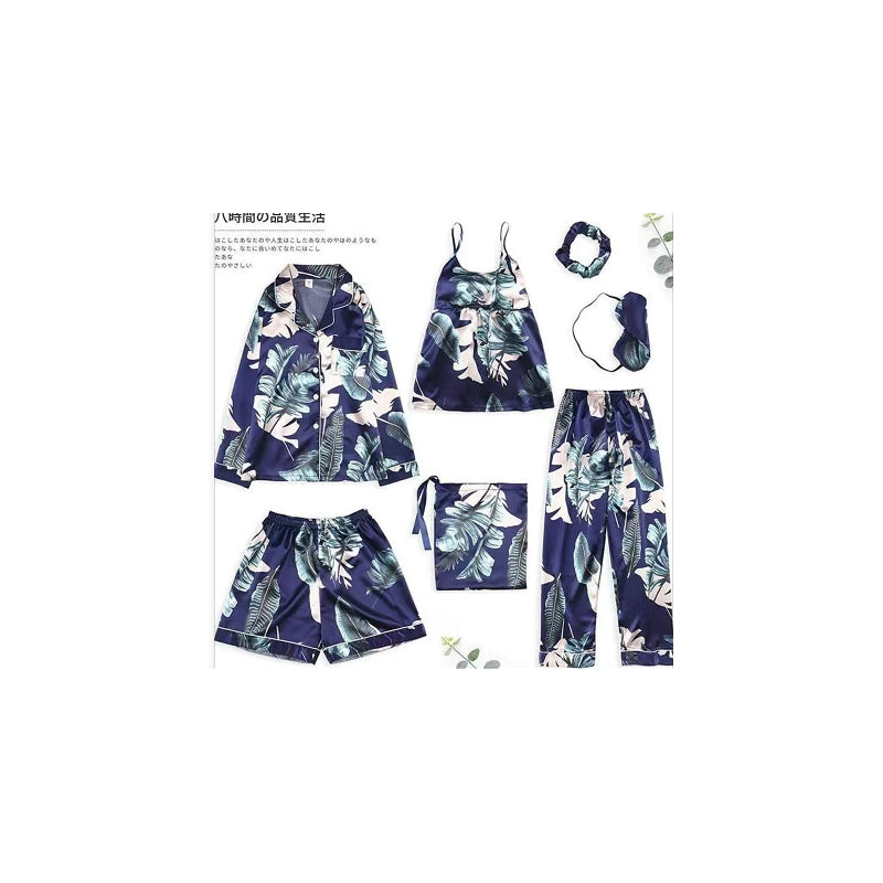 Women Simple Casual Stripe Printed Thin Pajamas Seven-Piece Set