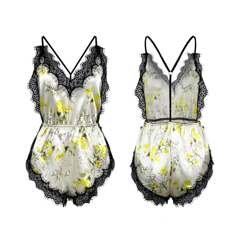 Women Fashion Sexy Deep V Lace Backless Sleepwear