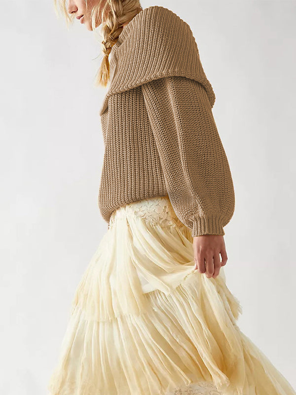 Long Sleeves Loose Solid Color Split-Joint Round-Neck Sweater Tops