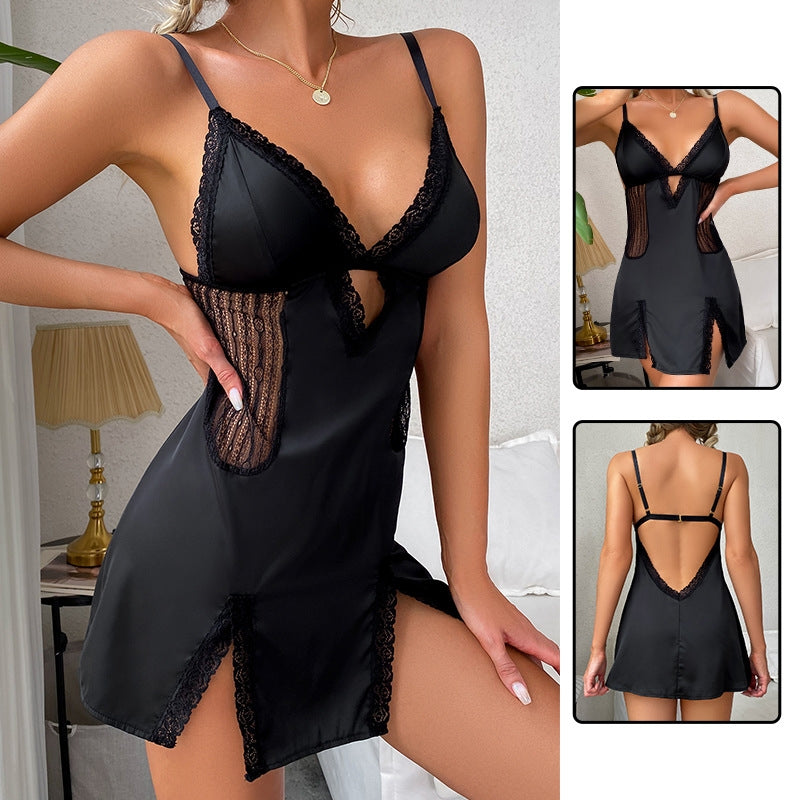 Women Fashion Sexy Deep V Lace Sling Satin Sleepwear