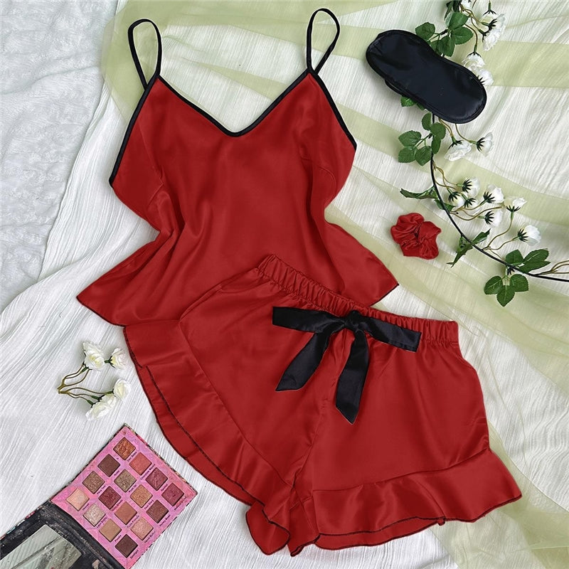 Women Fashion Sexy Ice Silk Loose Camisole Pajamas Lace-Up Shorts Two-Piece Set