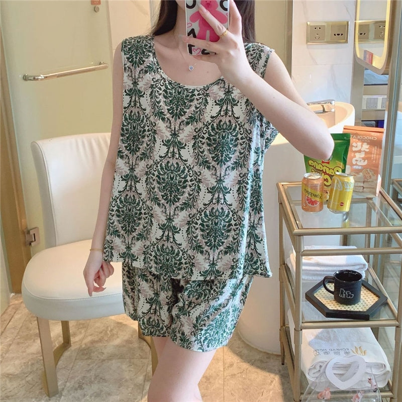 Women Fashion Casual Printed Tank Top Loose Shorts Cotton Silk Pajamas Two-Piece Set