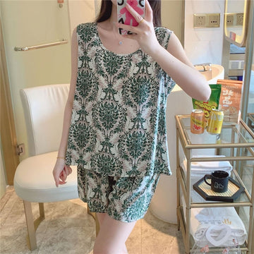 Women Fashion Casual Printed Tank Top Loose Shorts Cotton Silk Pajamas Two-Piece Set