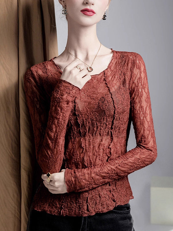 Irregularity Long Sleeves See-Through Split-Joint Textured Round-Neck T-Shirts Tops