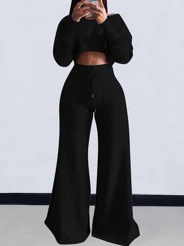 Loose Solid Color Long Sleeves T-Shirt + Drawstring Wide Leg Pants Trousers Two Pieces Set