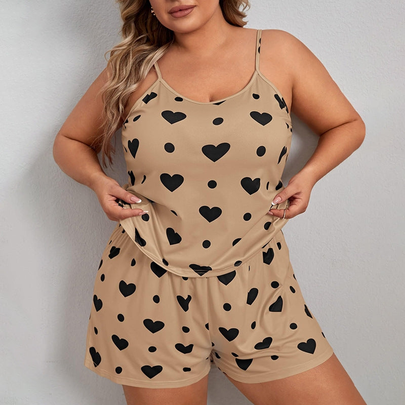 Women Plus Size Fashion Heart Print Pajamas Two-Piece Set