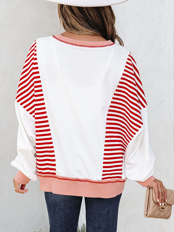 Long Sleeves Loose Contrast Color Striped Round-Neck Sweatshirt Tops